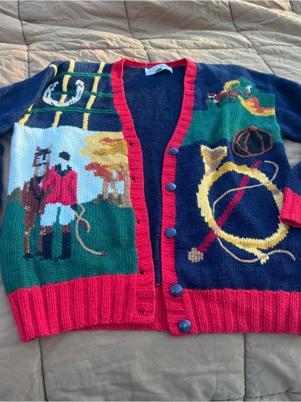 Vintage 90’s Equestrian Theme Fox Hunt Cotton Blend Knit Cardigan Size Large